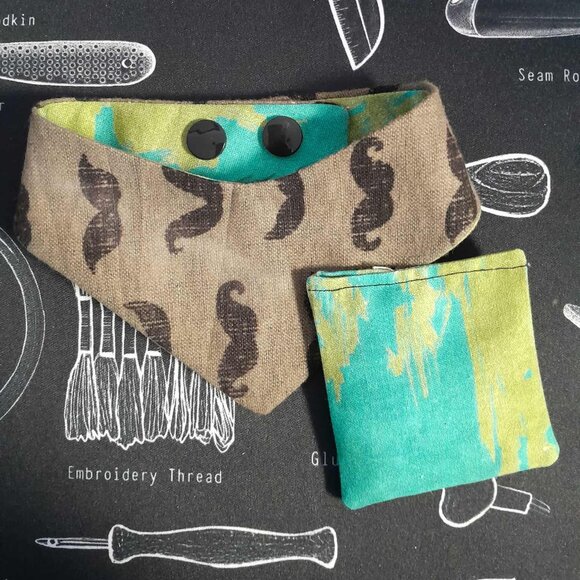 🪡Handmade CATS Reversible Mustache/Green/Blue Bandana and Catnip Pouch Set - Picture 2 of 3